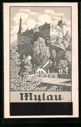 Künstler-AK Mylau, Blick von der Stadt hinauf zum Schloss