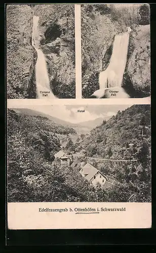 AK Edelfrauengrab bei Ottenhöfen im Schwarzwald, Blick auf das Hotel, den Unteren und Oberen Wasserfall