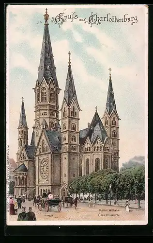 Lithographie Berlin-Charlottenburg, Kutschen vor der Kaiser Wilhelm Gedächtniskirche