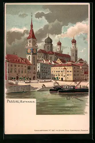 Lithographie Passau, Uferanlagen vor dem Rathaus
