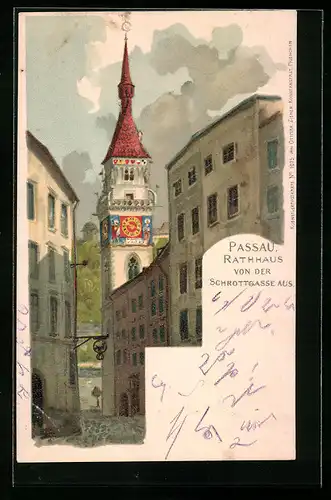 Lithographie Passau, Rathaus von der Schrottgasse gesehen