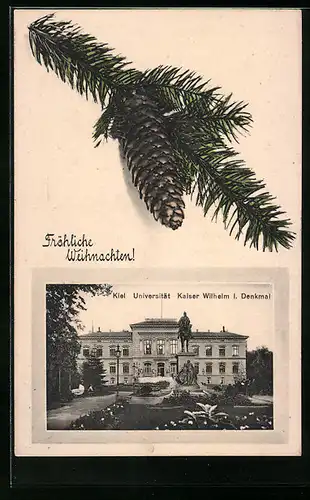 AK Kiel, Universität mit Kaiser Wilhelm I. Denkmal