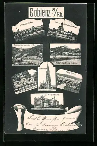 AK Coblenz a. Rh., die alte Moselbrücke, Kaiserin-Augusta-Denkmal, Städtische festhalle, Schiffbrücke