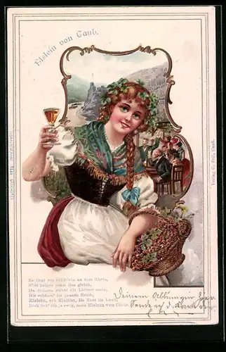 Präge-Lithographie Caub, Elslein mit Weinkorb, Trachtenkleid und Gästen