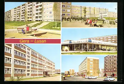 AK Gera-Lusan, Blick in die Birkenstrasse, Kaufhalle Süd, Zeulsdorfer Strasse, Strasse der Neuerer