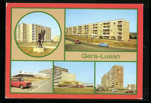 AK Gera-Lusan, Plastik an der Zeulsdorfer Strasse, Berta-Schäfer-STrasse, HO Gaststätte Plzen