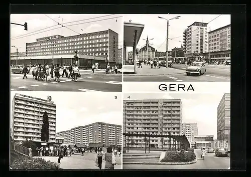 AK Gera, Neubauten im Zentrum, Blick zum Brühl, Strasse der Republick, Interhotel Gera