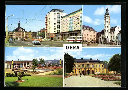 AK Gera i. Thür., Orangerie, Rathaus, Terrassencafe Osterstein, Strasse der Republik