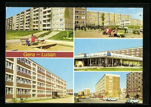 AK Gera-Lusan, Bauten in der Birkenstrasse, Strasse der Bauarbeiter, Kaufhalle Süd, Zeulsdorfer Strasse