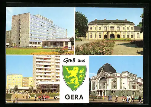 AK Gera, Stadtwappen, Interhotel, Dr.-Rudolf-Breitscheid-Strasse, Bühnen der Stadt