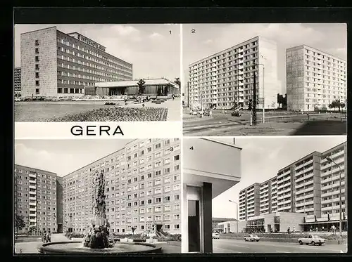 AK Gera, vor dem Interhotel, Neubauten im Zentrum, Dr.-Rudolf-Breitscheid-Strasse, Strasse des Bergmanns