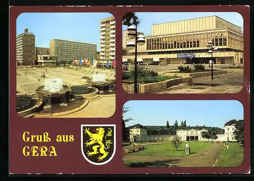 AK Gera, Wappen, Blick vom Kulturpalast zur Dr.-Rudolf-Breitscheid-Strasse, Kulturpalast, Kunstgalerie