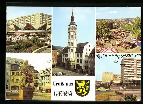 AK Gera, Cafe Rendezvous, Rathaus, Terrassencafe Osterstein, Stadtwappen