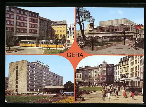 AK Gera, Strassenbahndurchfahrt Johannisstrasse zum Leumnitzer Tor, Haus der Kultur, Interhotel