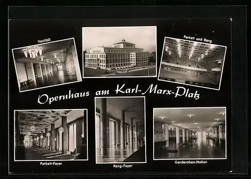 AK Leipzig, Opernhaus am karl-Marx-Platz, Vestibül, Parkett und Rang, Garderoben-Hallen, Rang-Foyer