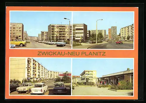 AK Zwickau-Neu-Planitz, Plattenbauten in der Stadt, Passanten am Treff zwischen den Platten