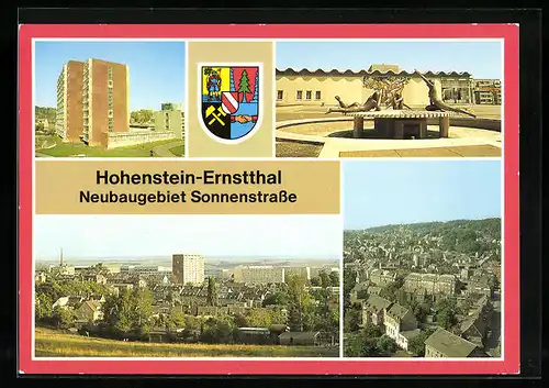 AK Hohenstein-Ernstthal, Generalansicht der Stadt, das Neubaugebiet Sonnenstrasse, das Wappen