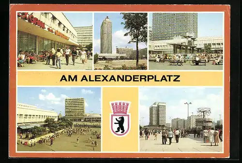 AK Berlin, Am Alexanderplatz, Cafeteria, Blick zum Interhotel Stadt Berlin, Brunnen der Völkerfreundschaft