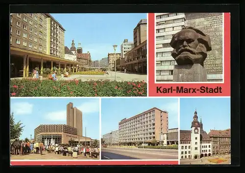 AK Karl-Marx-Stadt, Rosenhof, Karl-Marx-Monument Stadthalle und Interhotel Kongress