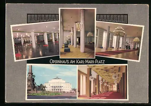 AK Leipzig, Opernhaus am Karl-Marx-PLatz, Aussenansicht, im Foyer