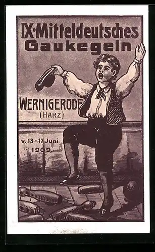 Künstler-AK Wernigerode /Harz, IX Mitteldeutsches Gaukegeln 1909, Junger Mann beim Kegeln