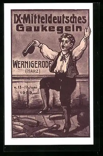 Künstler-AK Wernigerode /Harz, IX Mitteldeutsches Gaukegeln 1909, Junger Mann beim Kegeln
