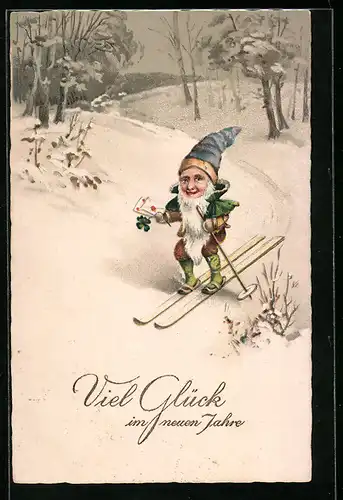 AK Zwerg auf Skiern mit Briefen, Neujahrsgruss