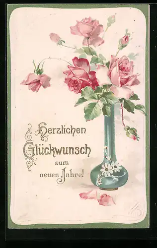 Präge-AK Rosen in einer Vase, Neujahrsgruss