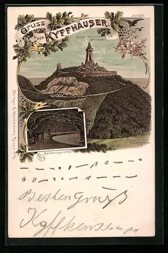 Lithographie Kyffhäuser, Kaiser Wilhelm-Denkmal Ansicht von der Südseite, Barbarossa-Höhle