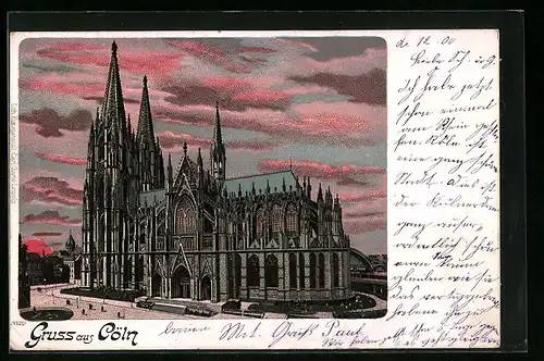 Lithographie Köln, Dom bei Sonnenuntergang