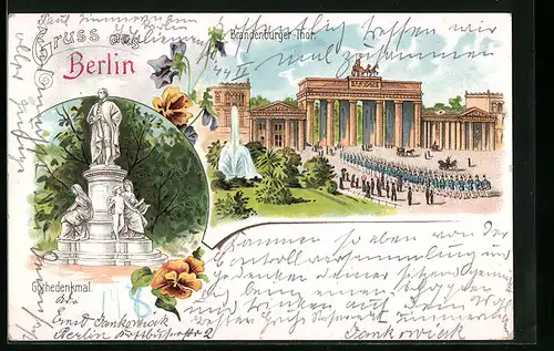 Lithographie Berlin, Brandenburger-Tor, Göthedenkmal