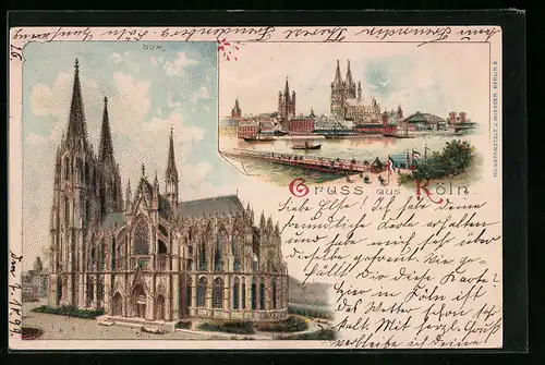 Lithographie Köln, Dom, Uferpartie