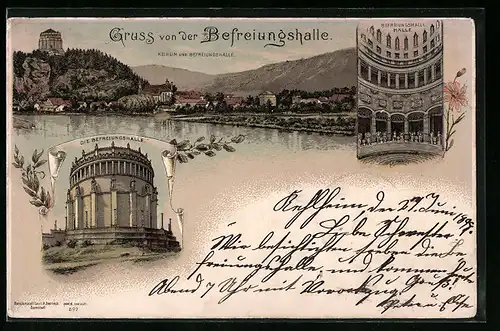 Lithographie Kelheim, Befreiungshalle, Innenansicht, Uferpartie