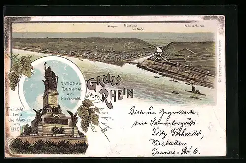 Lithographie Bingen /Rhein, Teilansicht mit Mündung der Nahe und Mäuseturm, National-Denkmal a. d. Niederwald