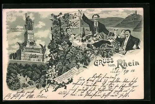 Lithographie Gruss vom Rhein, National-Denkmal a. d. Niederwald, Panorama, Feiernde am Tisch