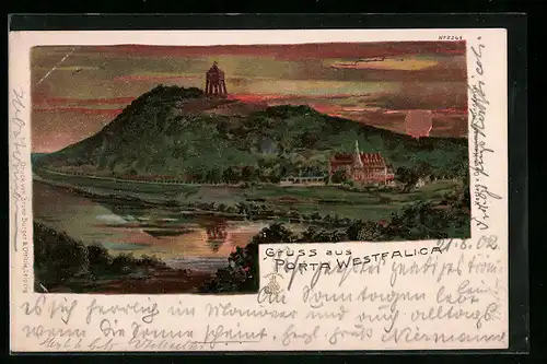 Präge-Lithographie Porta Westfalica, Panorama mit Denkmal bei Sonnenuntergang