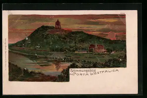 Präge-Künstler-AK Porta Westfalica, Panorama mit Denkmal bei Sonnenuntergang