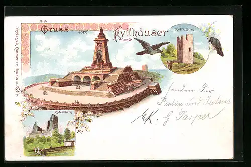 Lithographie Kyffhäuser, Kyffhäuser-Denkmal, Kyffh. Burg, Rotenburg