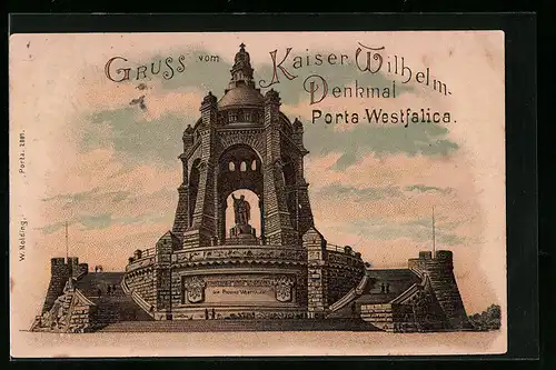 Lithographie Porta-Westfalica, Kaiser Wihelm-Denkmal