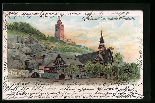 Lithographie Kyffhäuser, Kyffhäuser Denkmal mit Gasthaus