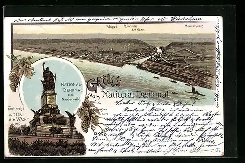 Lithographie Bingen, Teilansicht mit Mündung der Nahe und Mäuseturm, National-Denkmal a. d. Niederwald