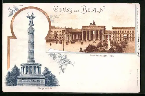 Lithographie Berlin, Brandenburger Tor, Siegessäule