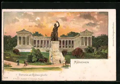Lithographie München, Bavaria mit Ruhmeshalle