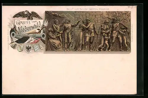 Lithographie Gruss vom Niederwald, Relief vom National-Denkmal: Abschied