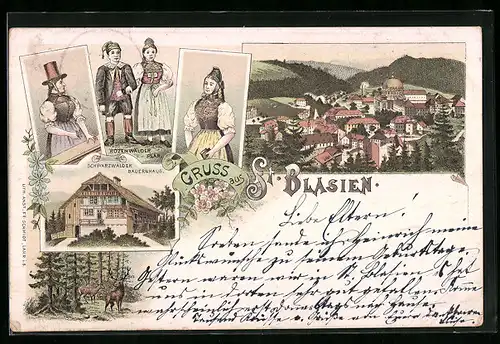 Lithographie St. Blasien, Schwarzwälder Bauernhaus, Hozenwälder Paar, Rehbock und Reh