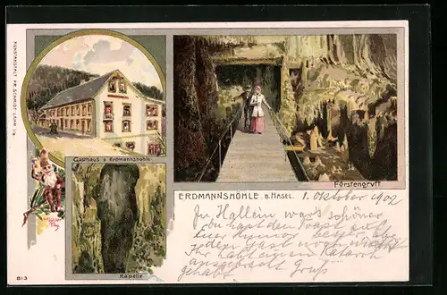 Lithographie Erdmannshöhle b. Hasel, Gasthaus zur Erdmannshöhle, Kapelle, Fürstengruft