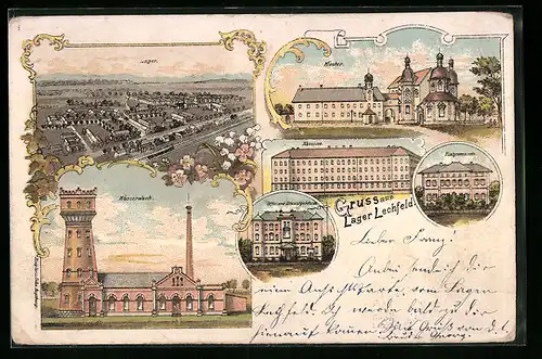 Lithographie Lechfeld, Lager Lechfeld, Wasserwerk, Kloster, Officiers-Dienstgebäude