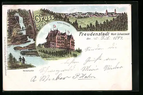 Lithographie Freudenstadt /Württ. Schwarzwald, Kurhaus Palmenwald, Saukenbachfall, Teilansicht