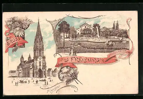 Lithographie Freiburg i. B., Münster, Stadtgarten