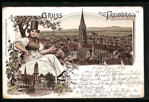 Lithographie Freiburg i. B., Teilansicht mit Münster, Berthold Schwarz-Denkmal